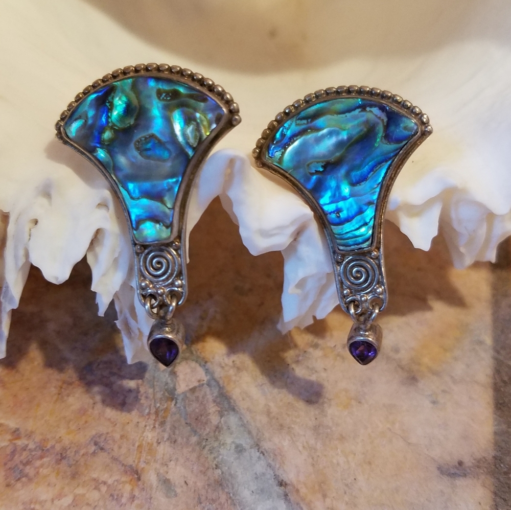 STERLING ABALONE & AMETHYST EARRINGS PAIR